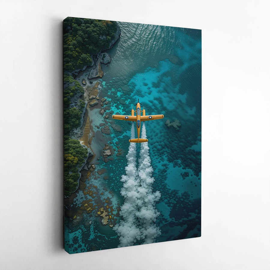 Aerial Airplane Canvas Print | Yellow Propeller Plane Over Tropical Coast | Premium 1.25" Thick Gallery Wrap | Aviation Wall Art Gift For Pilots