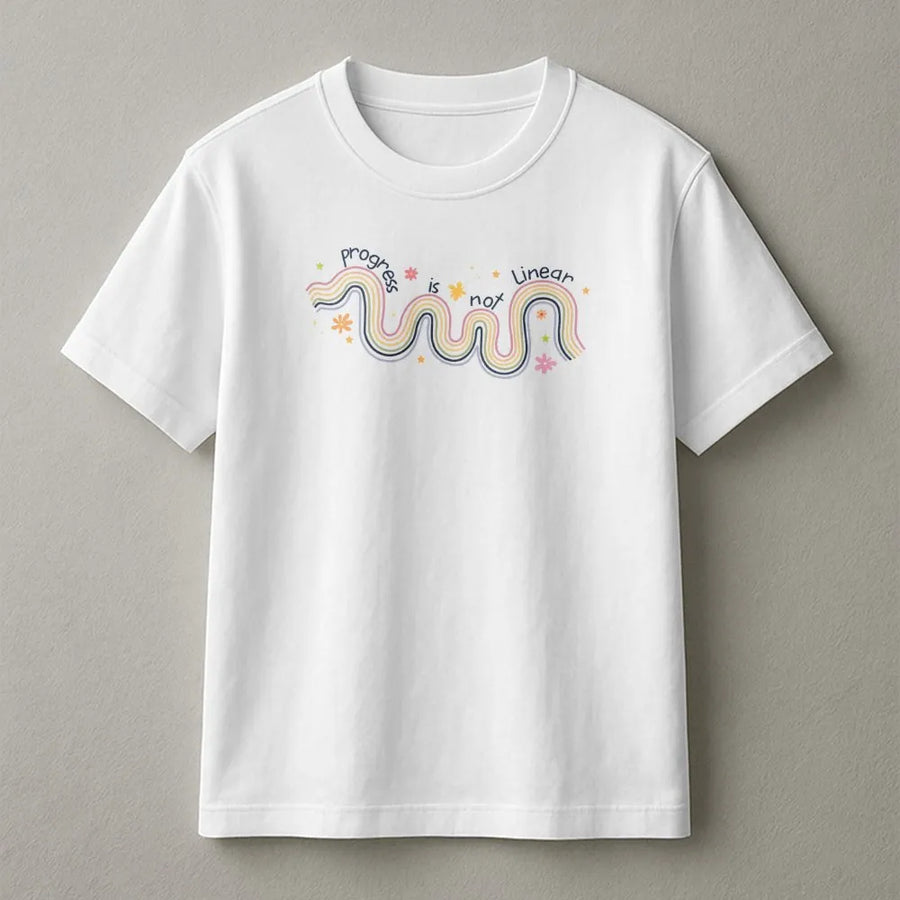 Progress Is Not Linear T-Shirt | Inspirational Retro Rainbow Graphic Tee | Premium Soft Cotton Shirt | Mental Health Awareness Teacher Gift