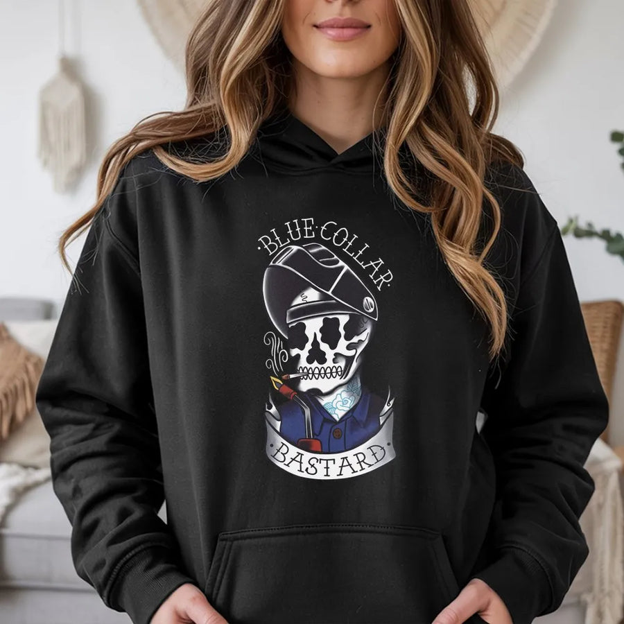 Welder Hoodie | Blue Collar Bastard Tattoo Style Graphic | Premium Cotton Blend | Gift For Him, Tradesman, Welding Enthusiast