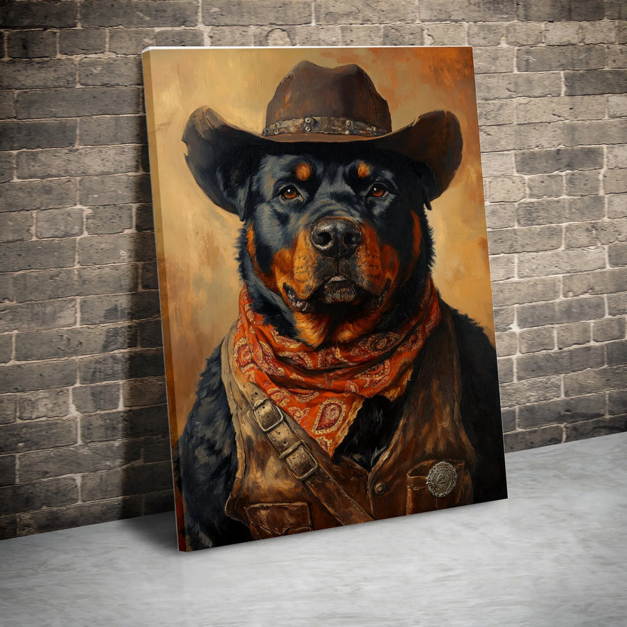 Cowboy Rottweiler Dog Portrait Canvas | Western Style Pet Wall Art | Premium Gallery Wrapped Decor | Unique Gift for Dog Lovers