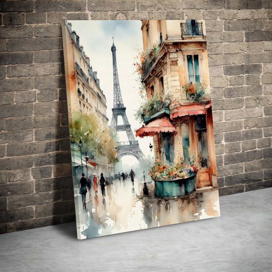 Paris Watercolor Canvas Print | Romantic Eiffel Tower Street Scene | Premium Gallery Wrapped Canvas | French Inspired Home Decor Gift