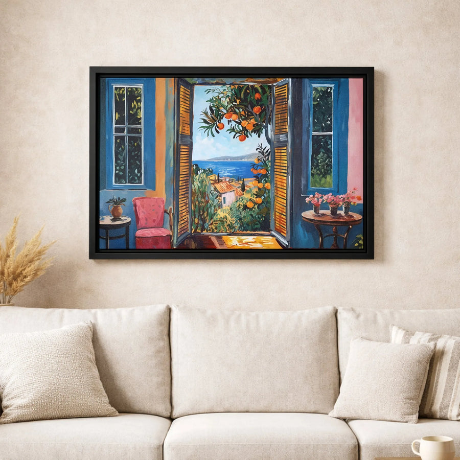 Mediterranean Window View Canvas | Orange Tree Coastal Village Art | Premium Gallery Wrapped Decor | Gift for Home Office Wall Art