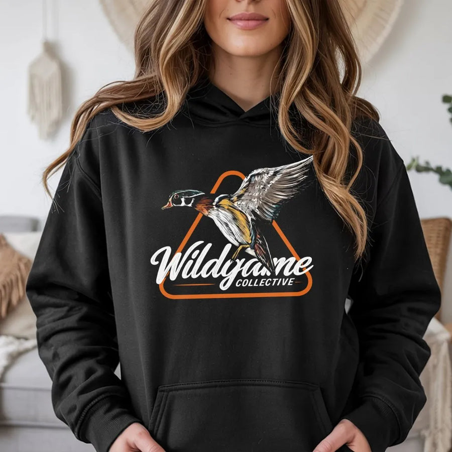 Wood Duck Hoodie | Realistic Flying Waterfowl Graphic | Soft Cotton Blend Crewneck | Gift for Hunter, Outdoorsman Apparel