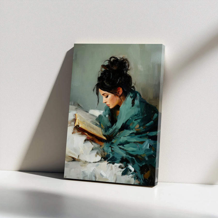 Woman Reading Canvas Wall Art | Impressionist Painting of Girl with Book | Premium Thick Profile Canvas | Gift for Book Lovers, Bedroom Decor