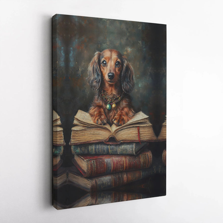 Dachshund Dog Portrait Canvas | Vintage Academic Library Painting | Premium 1.25-Inch Gallery Wrap | Cute Dog Lover Wall Art Gift