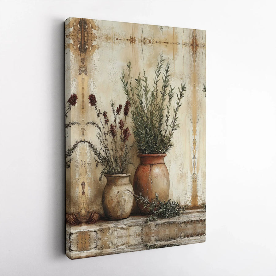 Rustic Herb Canvas Wall Art | Vintage Terracotta Pots Still Life | Premium Gallery Wrapped Canvas | Farmhouse Kitchen and Dining Room Decor Gift