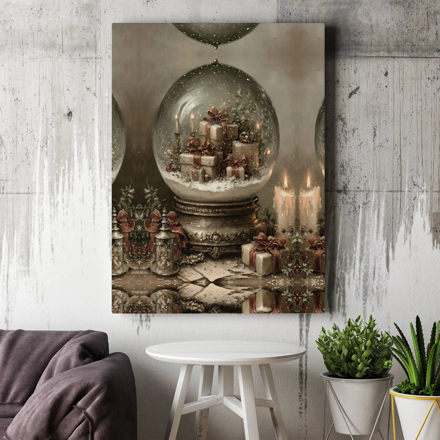 Vintage Christmas Snow Globe Canvas Art | Festive Holiday Presents and Candles Decor | Premium Gallery Wrap Print | Seasonal Home Wall Decor Gift