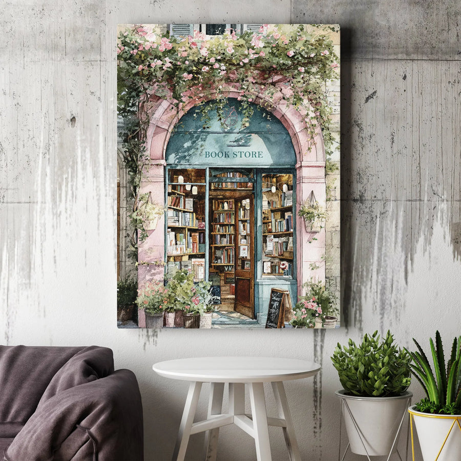 Bookstore Wall Art | Quaint Floral Watercolor Print | Premium Gallery Wrap Canvas | Romantic Parisian Street Decor Gift for Book Lovers