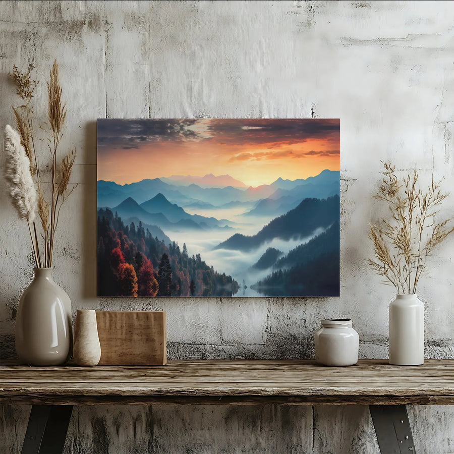 Misty Mountain Landscape Canvas Print | Autumn Forest Sunrise Wall Art | Premium 1.25-Inch Gallery Wrap | Modern Nature Decor for Living Room