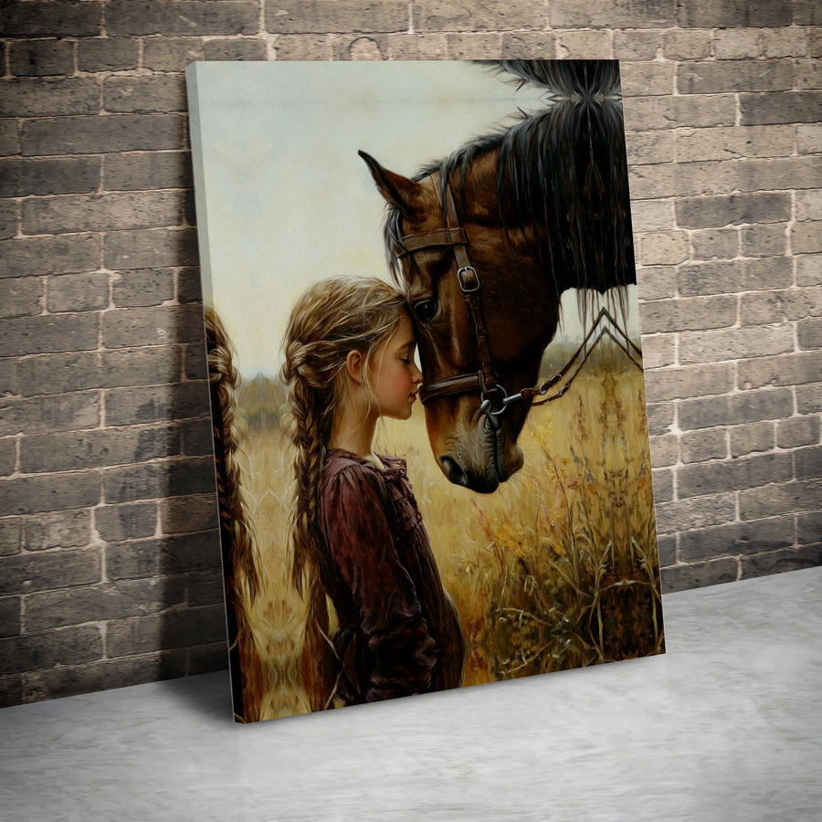 Girl And Horse Canvas Print | Touching Foreheads Western Wall Art | 1.25 Inch Premium Gallery Wrap | Equestrian Decor Gift For Horse Lovers