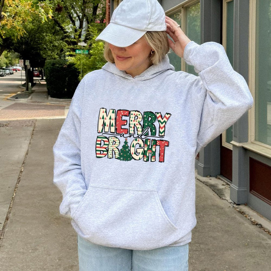 Merry And Bright Hoodie | Festive Christmas Holiday Pattern Graphic | Soft Cotton-Polyester Blend | Cozy Unisex Christmas Gift for Women and Men