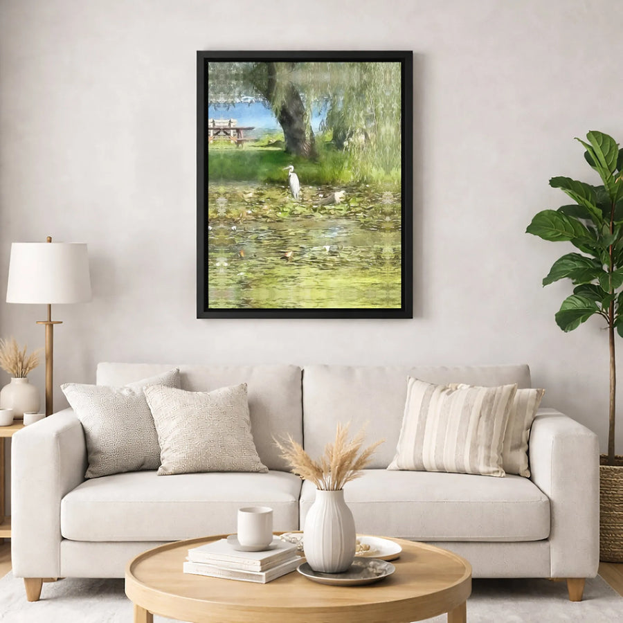 Heron Canvas Wall Art | Watercolor Pond Landscape with Weeping Willow | Premium Gallery Wrap 1.25" Profile | Nature Lover Home Decor Gift