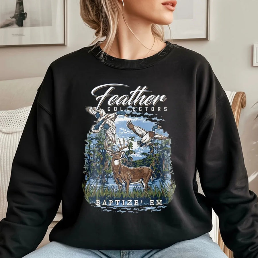 Feather Collectors Hunting Sweatshirt | Whitetail Deer and Duck Swamp Design | Premium Cotton Blend | Gift for Hunter and Outdoor Enthusiast