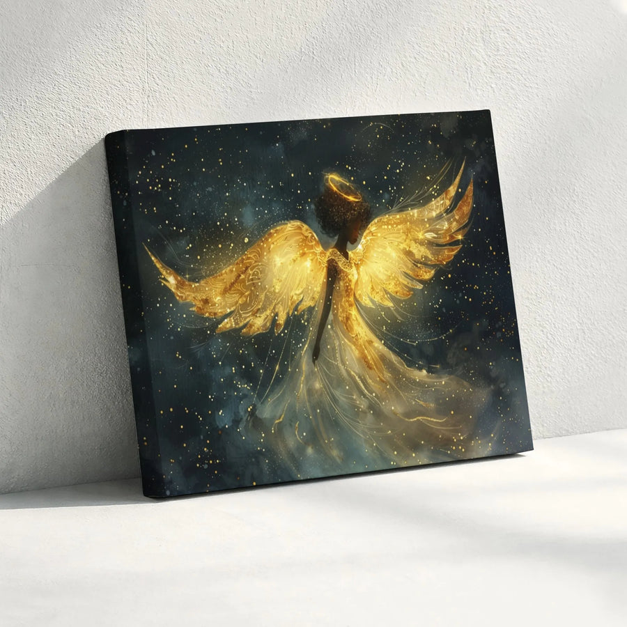 Black Angel Wall Art | Ethereal Gold Wings Guardian Angel Decor | Premium Gallery-Wrapped Canvas | Spiritual Home Gift for Her