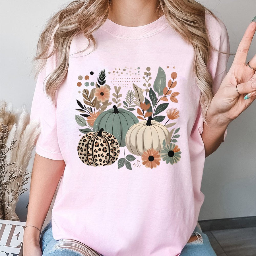 Boho Pumpkin Fall T-Shirt | Leopard Print Autumn Graphic Design | 100% Cotton Premium Comfort Tee | Thanksgiving Gift for Women and Teens