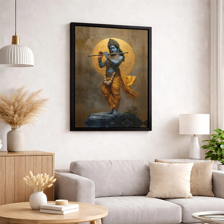 Lord Krishna Canvas Print | Divine Flute Player Spiritual Art | Gallery-Quality Fade-Resistant Wall Decor | Hindu Religious Gift for Home Office