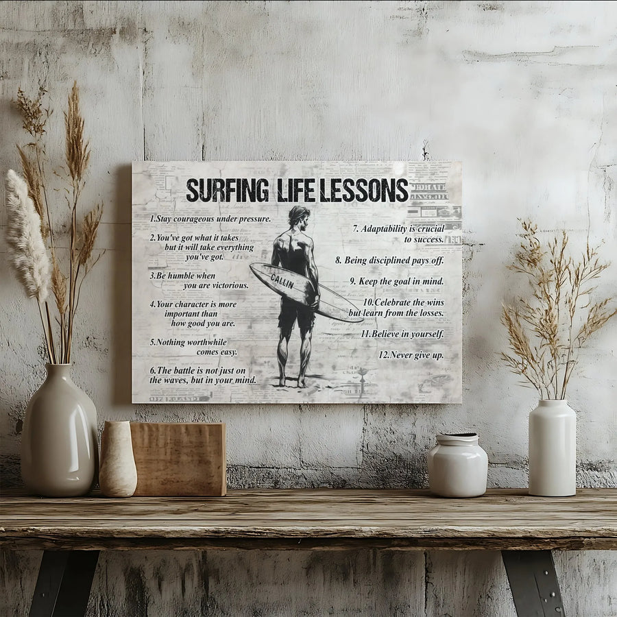 Surfing Life Lessons Horizontal Canvas | Inspirational Surfer Rules Wall Decor | Premium 1.25" Gallery Wrap | Coastal Motivational Gift for Surfers, Beach House Art