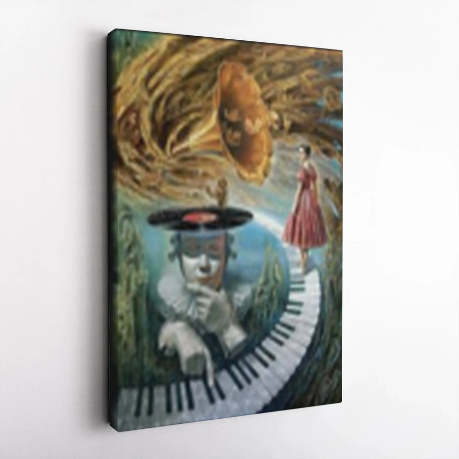 Surreal Music Vertical Canvas | Abstract Piano & Phonograph Wall Art | Premium Thick Gallery Wrap | Modern Home Decor Gift for Musician