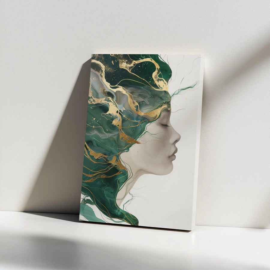 Abstract Woman Portrait Vertical Canvas | Modern Emerald Green Art with Gold Veins | Premium Gallery-Style Canvas Print | Luxury Living Room Wall Decor Gift