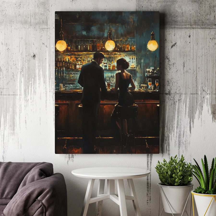 Cocktail Bar Couple Canvas Art | Impressionist Romantic Nightclub Scene | 1.25 Inch Gallery Wrap | Elegant Home Office Decor Gift