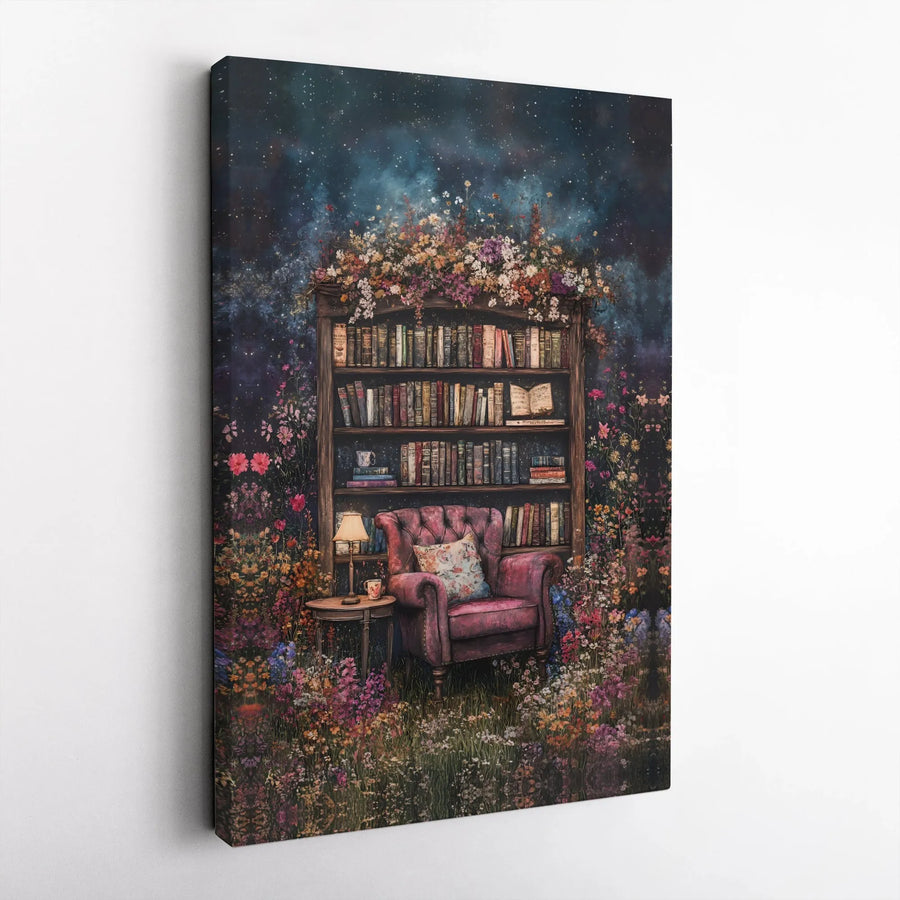 Floral Bookshelf Canvas Wall Art | Wildflower Garden Reading Nook | Premium Gallery Wrap Canvas | Collector's Gift for Book Lovers