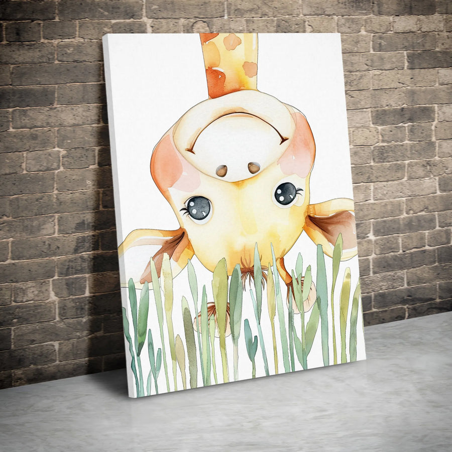 Cute Giraffe Canvas Wall Art | Whimsical Upside Down Watercolor Painting | Premium Gallery Wrapped Canvas | Nursery Decor Gift for Kids