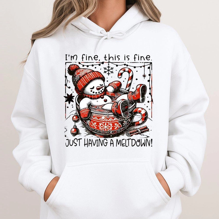 Funny Snowman Meltdown Hoodie | I'm Fine This Is Fine Christmas Graphic | Premium Cotton Blend | Humorous Winter Gift for Women and Men
