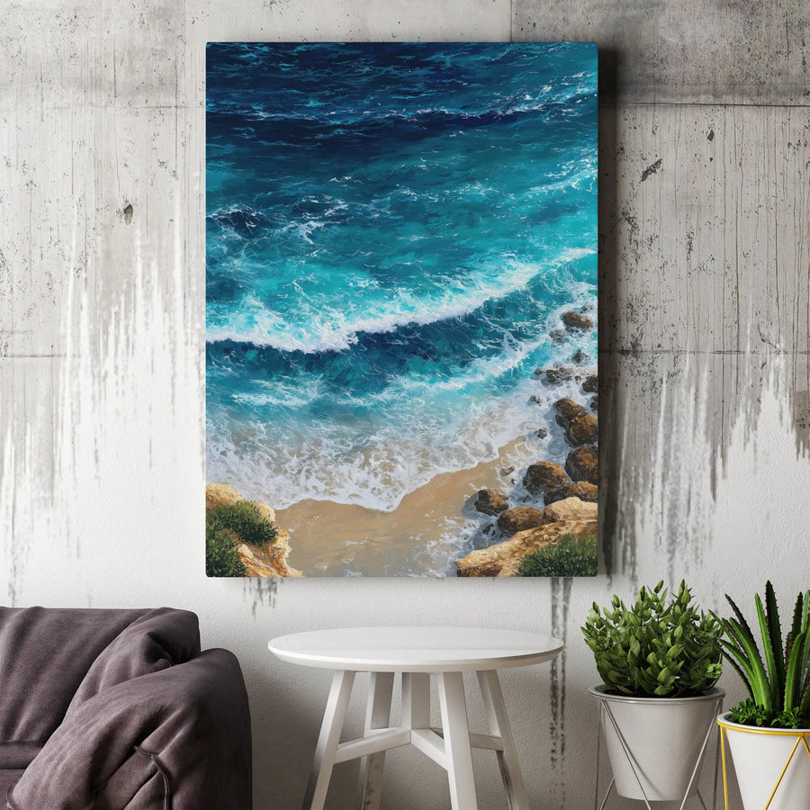 Ocean Waves Wall Art | Aerial Coastal Beach Painting | Gallery Wrapped 1.25 Inch Canvas | Tropical Seascape Decor for Living Room