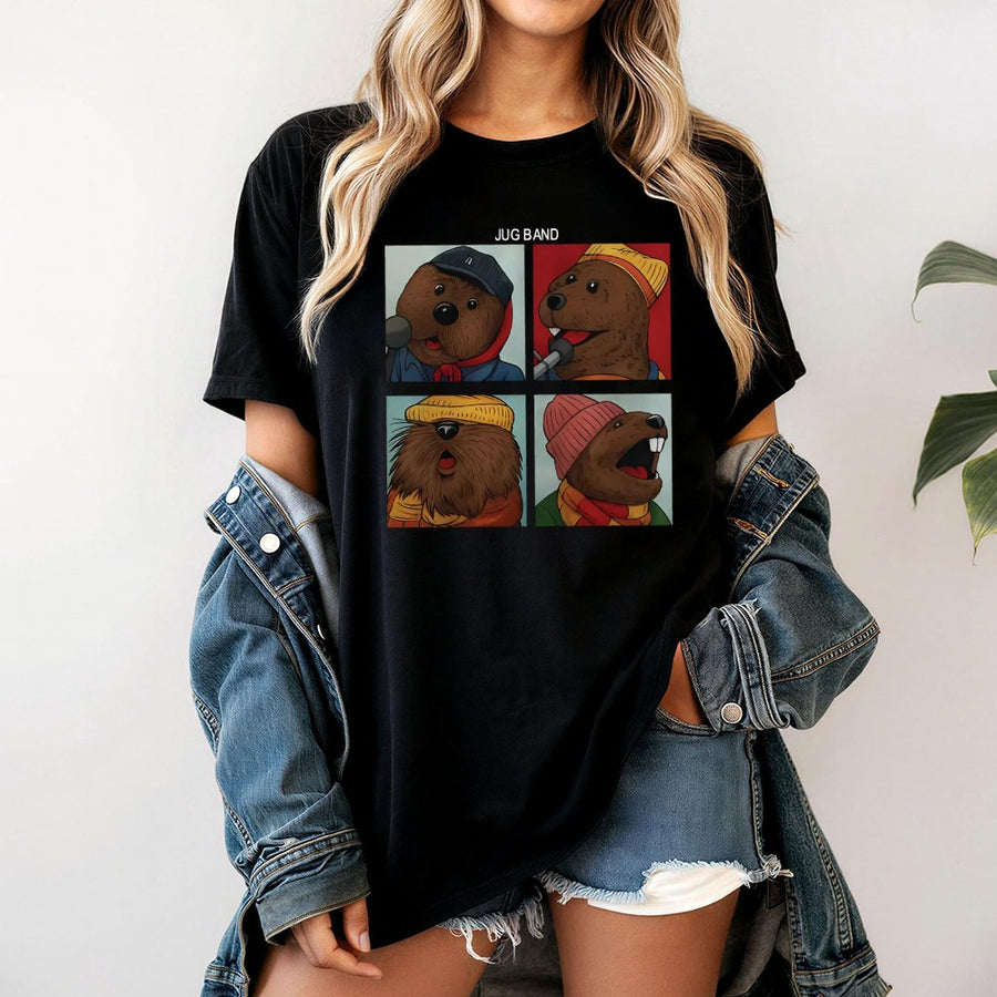 Jug Band Beaver T-Shirt | Funny Retro Cartoon Animal Quartet Graphic | Premium 100% Cotton Tee | Unique Gift for Music Lovers