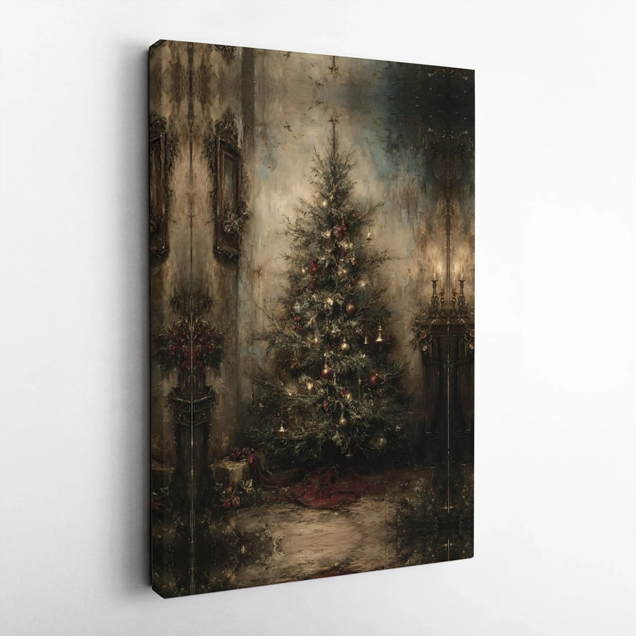 Vintage Christmas Tree Canvas Print | Moody Rustic Holiday Wall Art | Premium Gallery Wrapped Decor | Festive Home Interior Gift