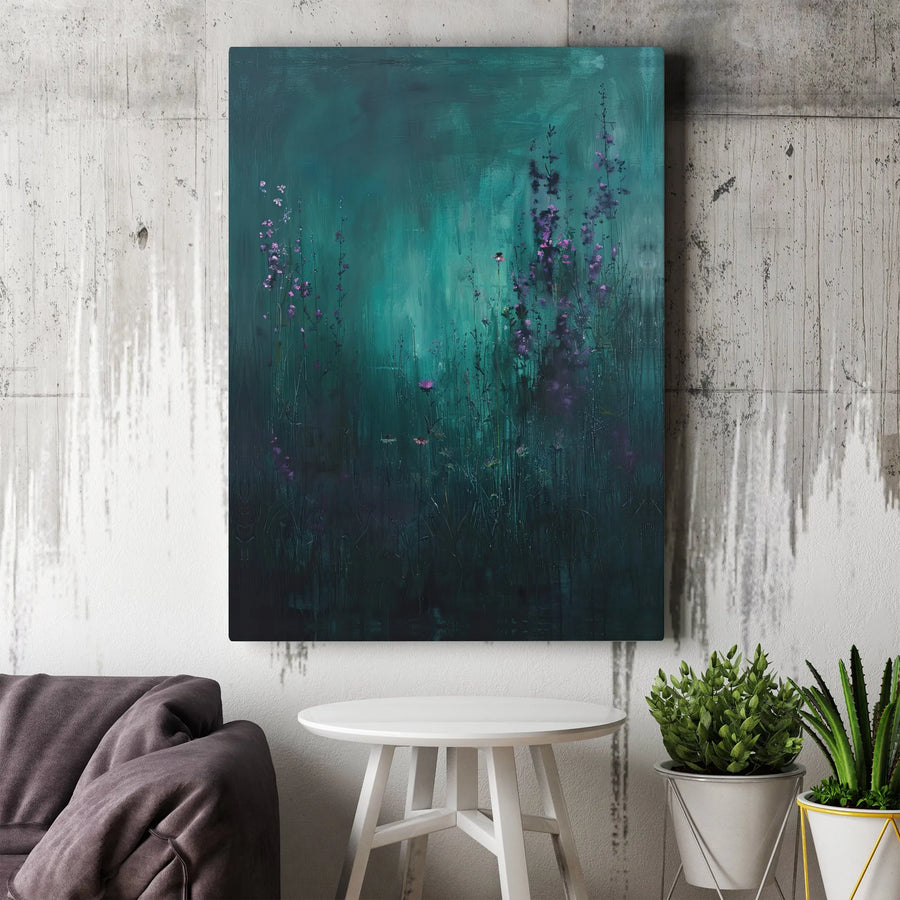 Moody Floral Canvas Wall Art | Abstract Teal & Purple Wildflower Meadow | Premium Gallery Wrapped Canvas | Modern Living Room & Bedroom Wall Decor