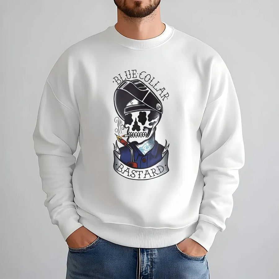 Blue Collar Welder Sweatshirt | Edgy Skull Welding Mask Graphic | Premium Cotton Blend | Gift for Construction Workers & Tradesmen