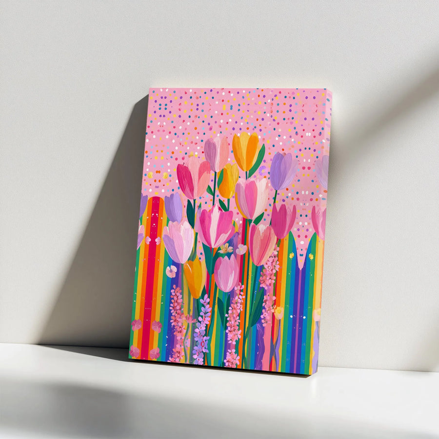 Rainbow Tulip Canvas Print | Vibrant Spring Floral Painting | Premium Framed Wall Decor | Gift for Her, Kids Room Decor