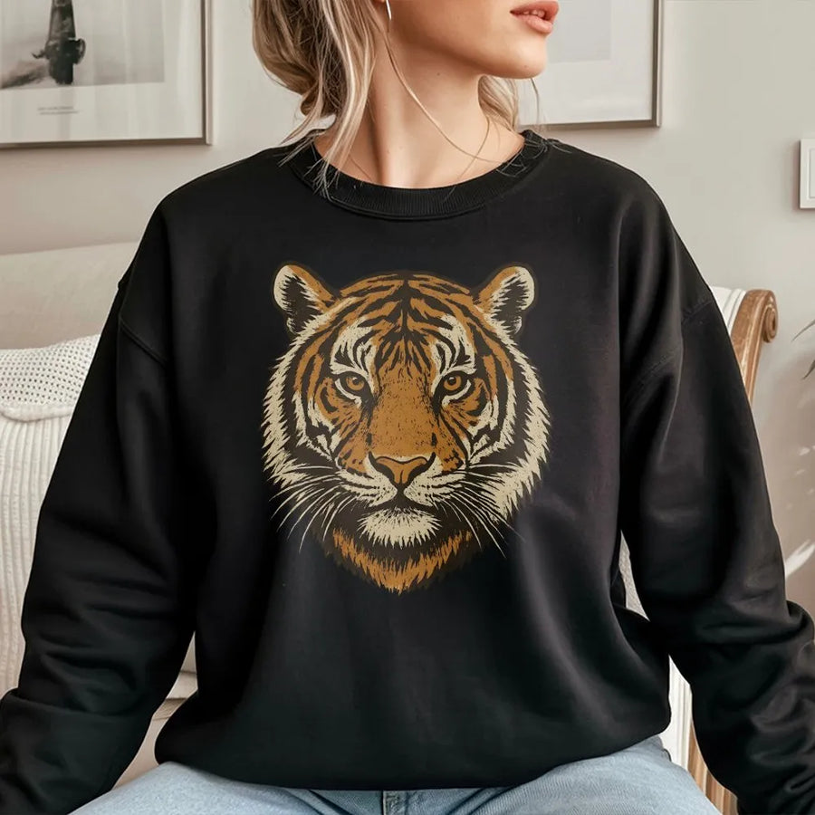 Vintage Tiger Sweatshirt | Retro 90s Graphic Wild Cat Face | Premium Cotton Blend | Jungle Animal Lover Gift