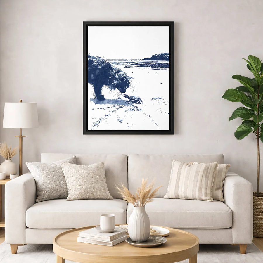 Cat and Crab Beach Canvas Art | Blue Ink Wash Coastal Wall Decor | Premium 1.25-inch Gallery Wrapped Print | Unique Ocean Life Gift for Cat Lovers