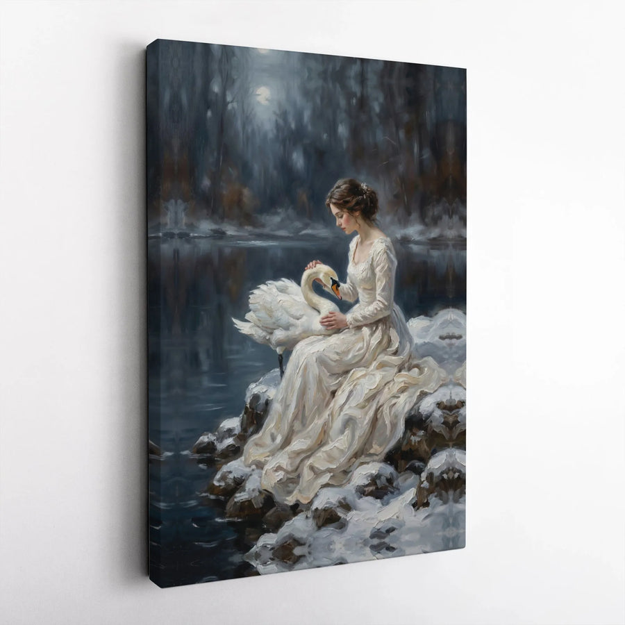 Winter Swan Lake Canvas Wall Art | Romantic Victorian Oil Painting Style | Gallery Wrapped Premium Print | Enchanted Forest Home Decor Gift