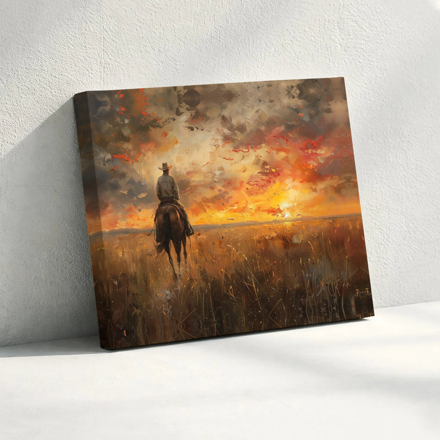 Western Cowboy Painting | Horse Riding Into Dramatic Sunset | Premium Gallery Canvas Print | Rustic Home Decor Wall Art