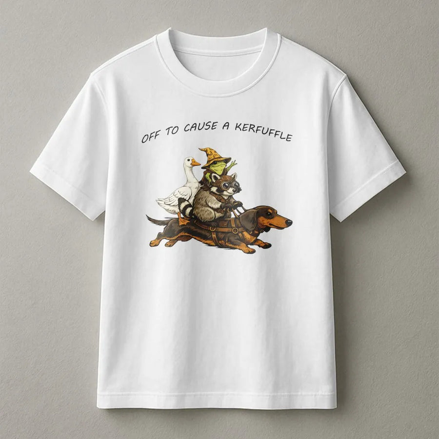 Off To Cause A Kerfuffle T-Shirt | Funny Raccoon Riding Dachshund Graphic Tee | Premium Soft Cotton | Sarcastic Humor Gift for Animal Lovers
