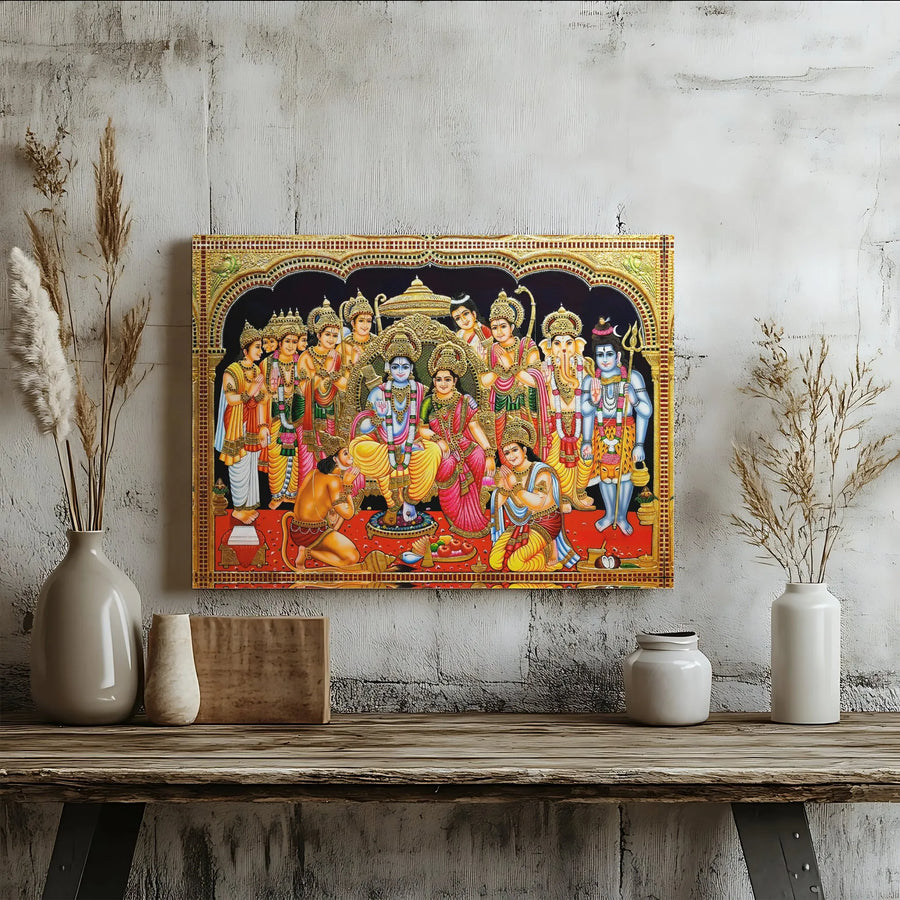 Ram Darbar Canvas Wall Art | Traditional Hindu Gods Painting with Rama Sita | Premium Gallery Canvas | Hindu Home & Pooja Room Decor Gift