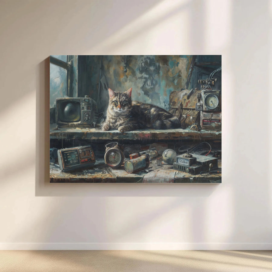 Post-Apocalyptic Cat Canvas Print | Industrial Tabby Workshop Wall Art | Premium Gallery-Wrapped Decor | Gamer Room Gift for Cat Lovers