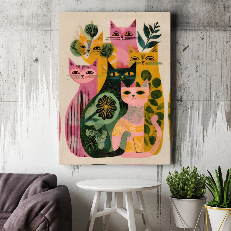 Colorful Cat Wall Art | Folk Art Botanical Canvas Print | Premium Gallery Wrap Decor | Unique Gift for Cat Lovers and Art Enthusiasts