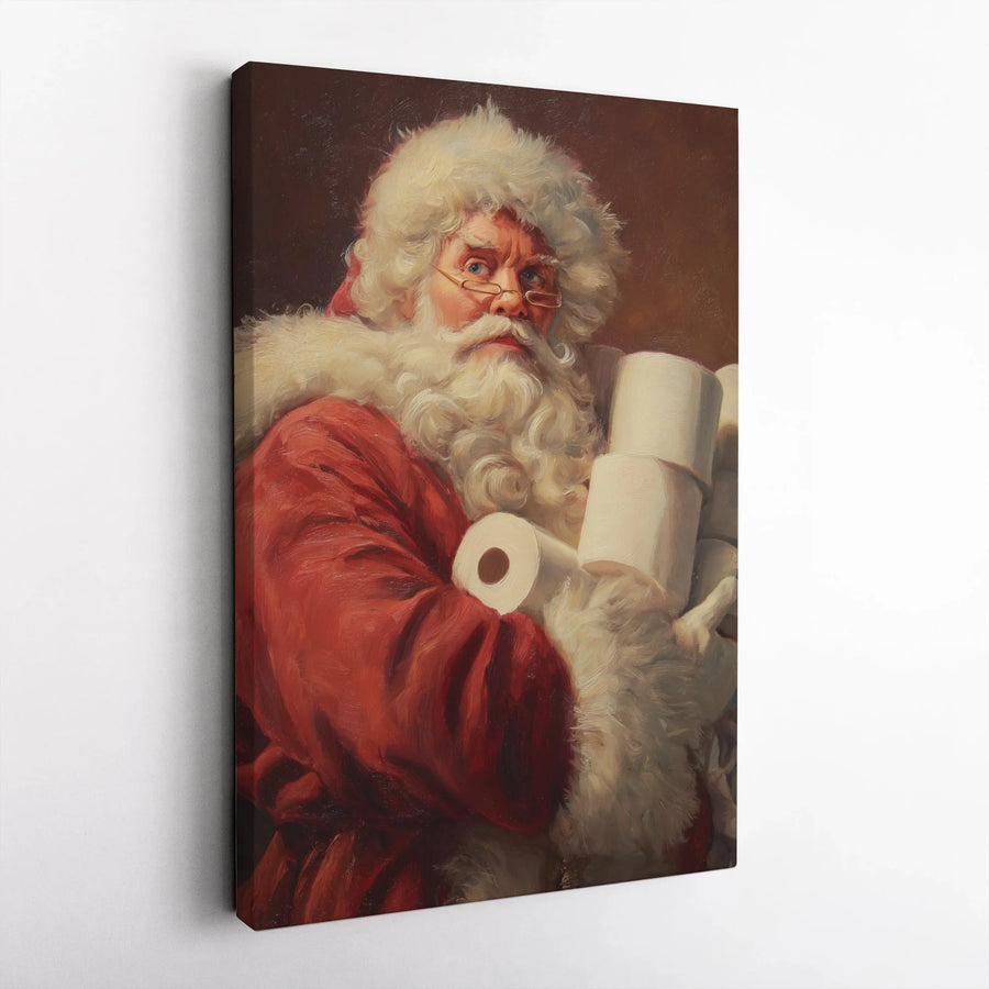 Funny Santa Claus Canvas Wall Art | Humorous Toilet Paper Painting | Premium Gallery Wrap Print | Unique Christmas Decor Gift for Home or Office