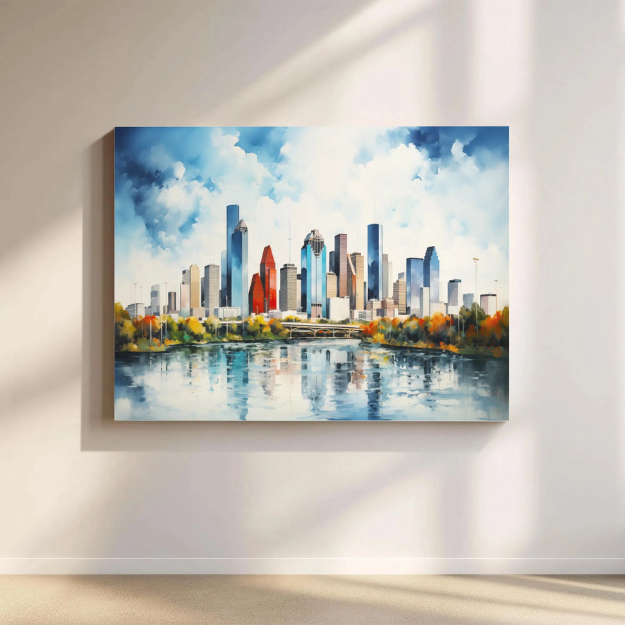 Houston Texas Skyline Canvas Wall Art | Watercolor Cityscape Painting | Premium 1.25" Thick Canvas | Modern Home Decor Gift for Texan