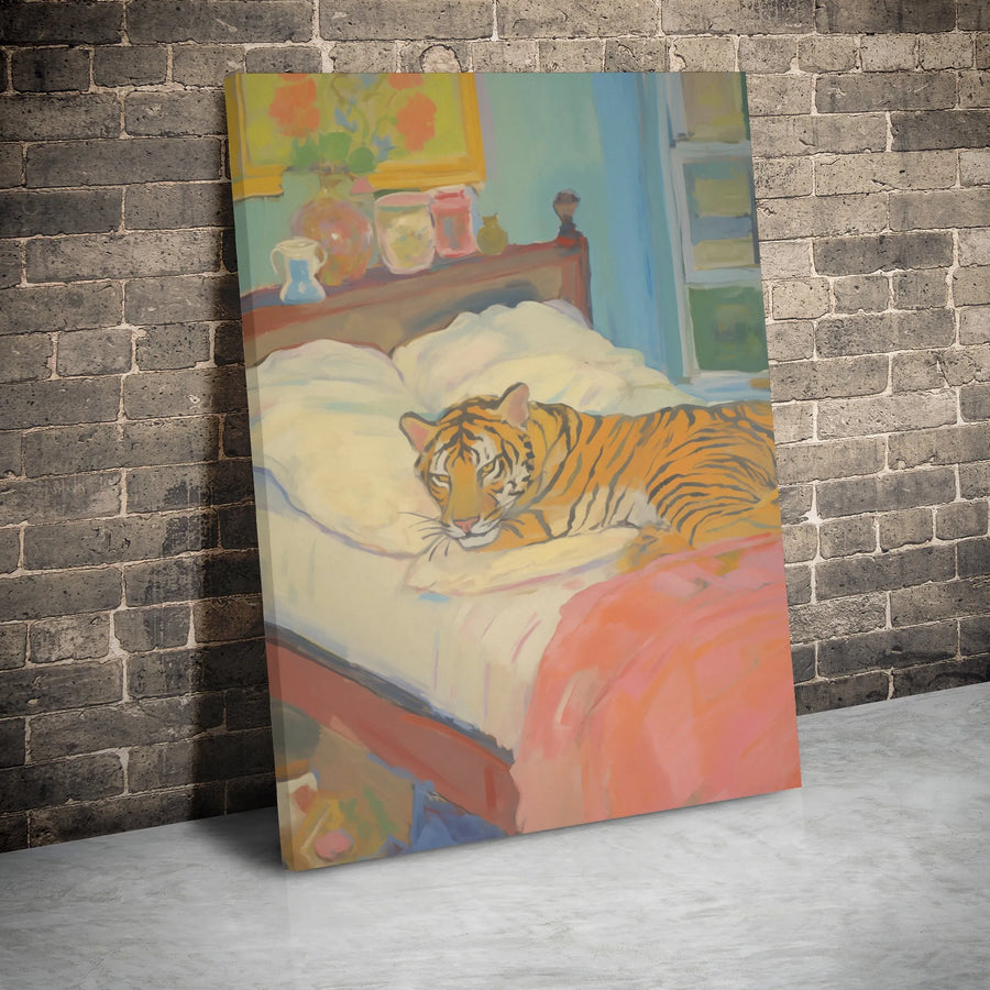 Tiger on Bed Canvas Print | Whimsical Surreal Animal Wall Art | Premium Gallery Wrapped Decor | Unique Home Decor Gift for Animal Lovers