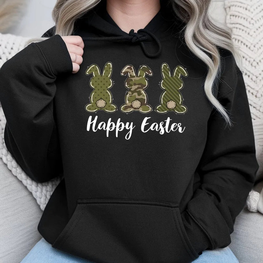 Camo Easter Bunny Hoodie | Trio Rabbit Graphic Sweatshirt | Premium Cotton-Blend Apparel | Festive Spring Gift For Women And Men