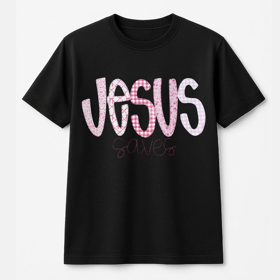 Jesus Saves T-Shirt | Pink Gingham Patchwork Aesthetic | 100% Cotton Premium Tee | Faith-Based Christian Gift for Women