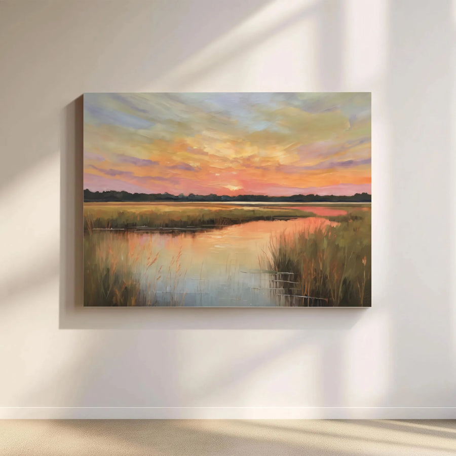Sunset Marsh Canvas Wall Art | Impressionist Coastal Landscape Painting | Premium Gallery Wrapped Canvas | Serene Nature Art for Living Room Decor