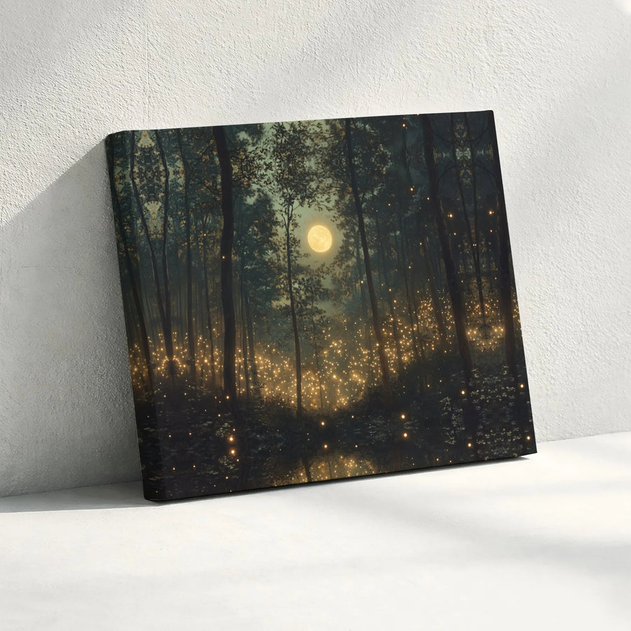 Enchanted Forest Canvas Wall Art | Moonlight Firefly Woodland Print | Premium Gallery-Wrapped Decor | Whimsical Nature Landscape for Home