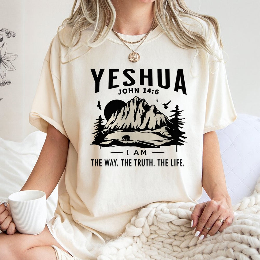 Yeshua John 14:6 T-Shirt | Christian Mountain Landscape Graphic | 100% Cotton Premium Tee | Faith-Based Religious Gift for Men and Women