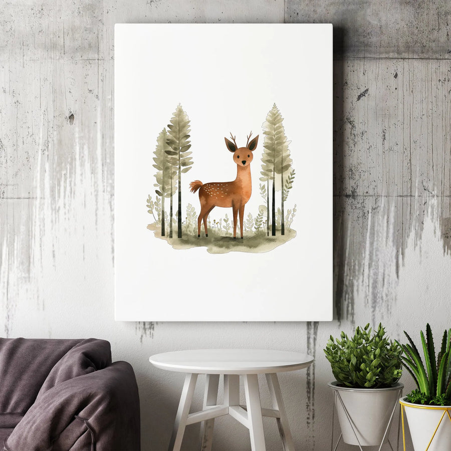 Watercolor Woodland Deer Canvas | Cute Forest Animal Nursery Art | Premium Gallery-Wrapped Print | Minimalist Wildlife Decor for Kids Room